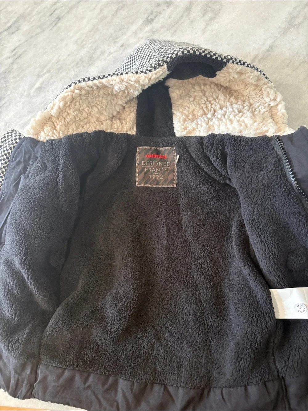 Catimini Black & White Checked Hooded Pea Coat with Red Toggle Accents